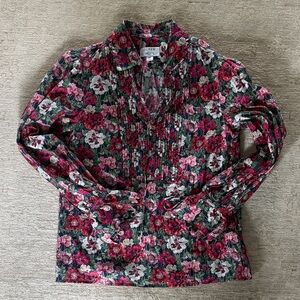 J. Crew Floral Pintuck Button-Up Blouse — Burgundy, Pink & Green